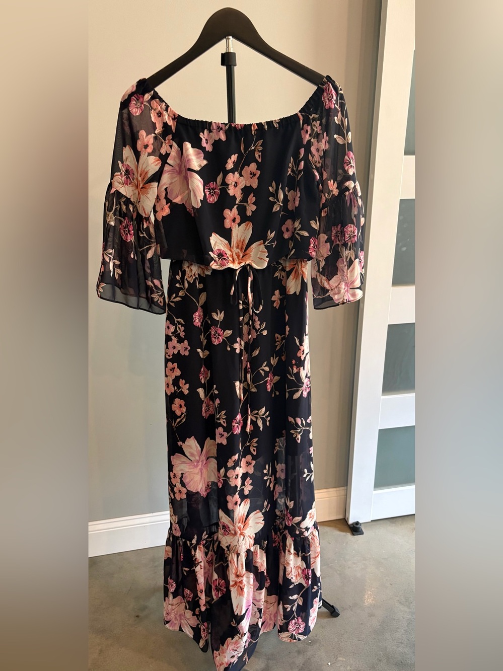 Eliza J Black Floral Off-Shoulder Maxi Dress with Pink Bloom